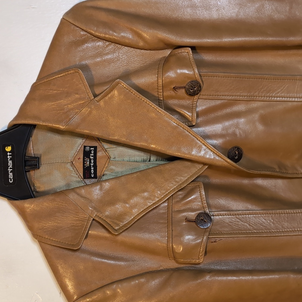 Vint. 70s Cortefiel Retro tan leather jacket 38 chest (mens small) - Picture 4 of 9